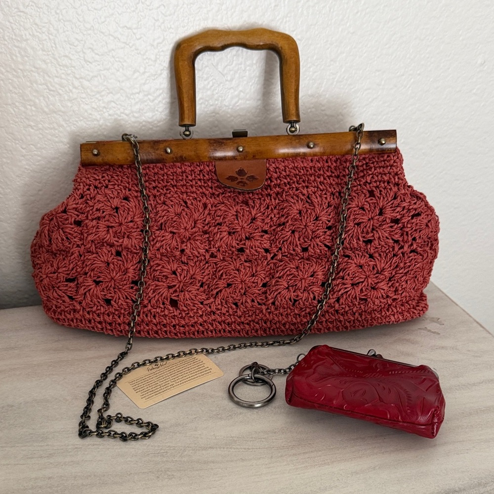 Patricia Nash Handcrafted Crochet Bag with Wooden Handles & Keychain Coin Purse